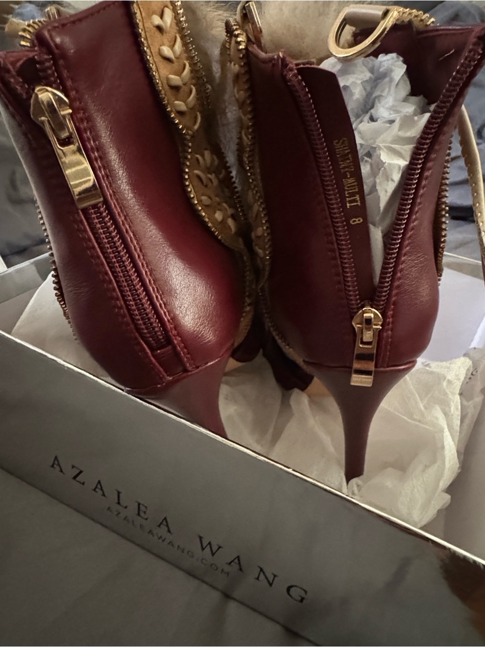 AKIRA Red and Tan Fur-Trim Lace-Up Stiletto Booties - Picture 8 of 16